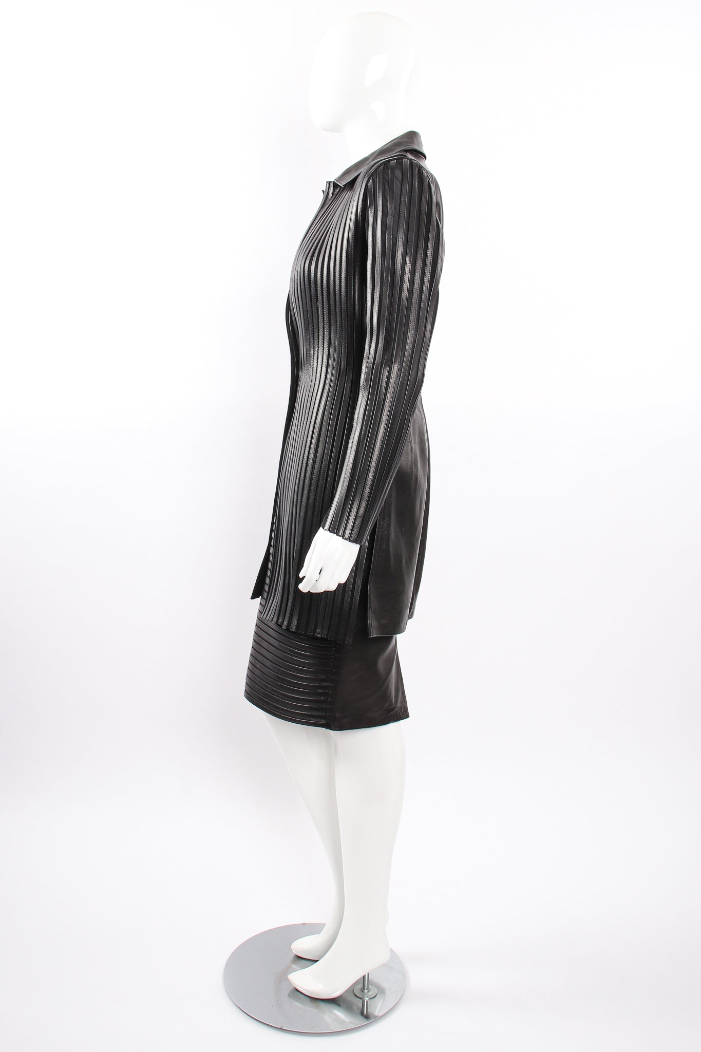 Vintage Jean Claude Jitrois Sheer Leather Striped Jacket & Skirt Set on Mannequin side @ Recess LA