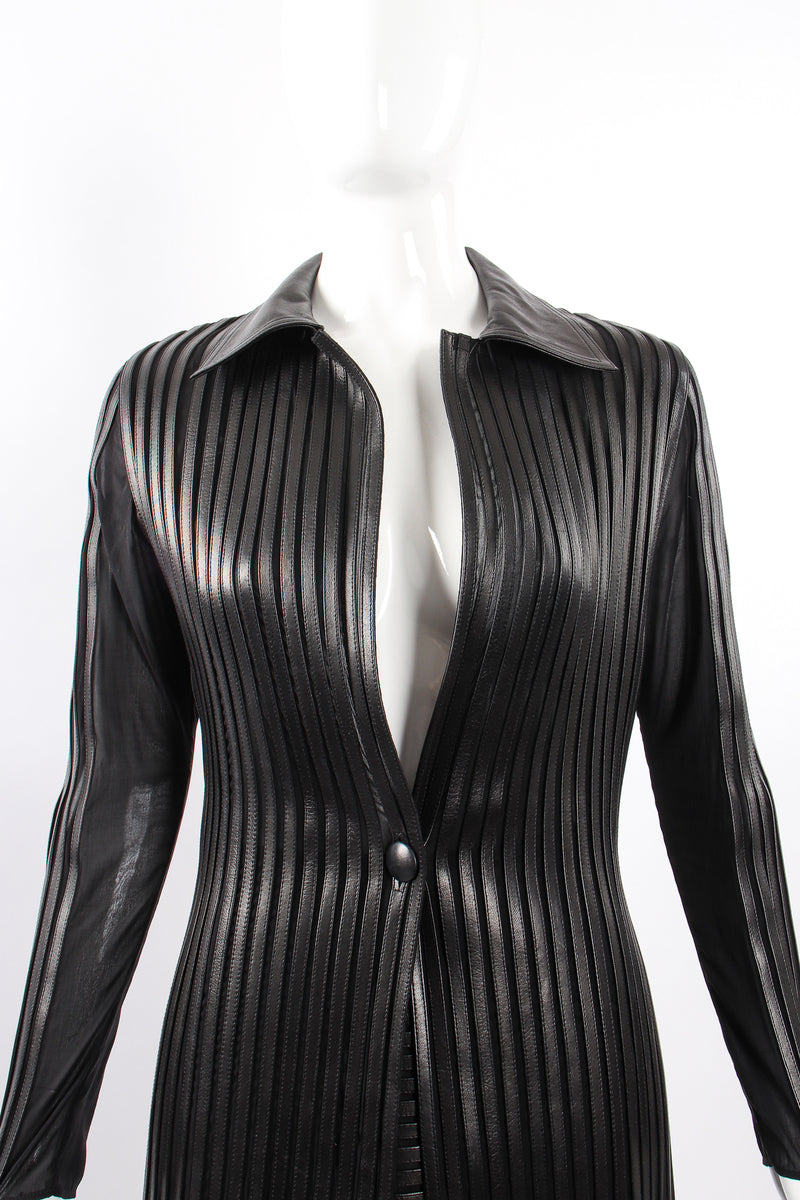 Vintage Jean Claude Jitrois Sheer Leather Striped Jacket Set on Mannequin jacket front @ Recess LA