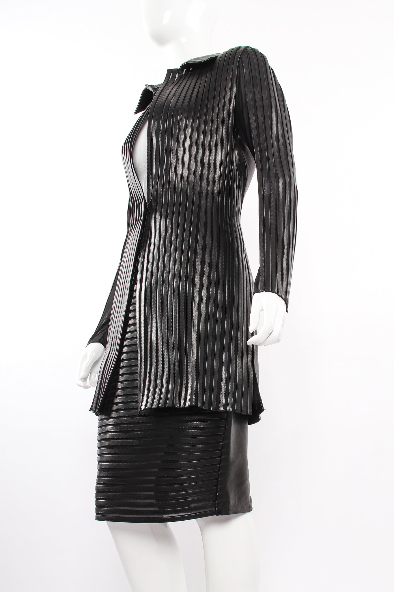Vintage Jean Claude Jitrois Sheer Leather Striped Jacket & Skirt Set on Mannequin angle @ Recess LA