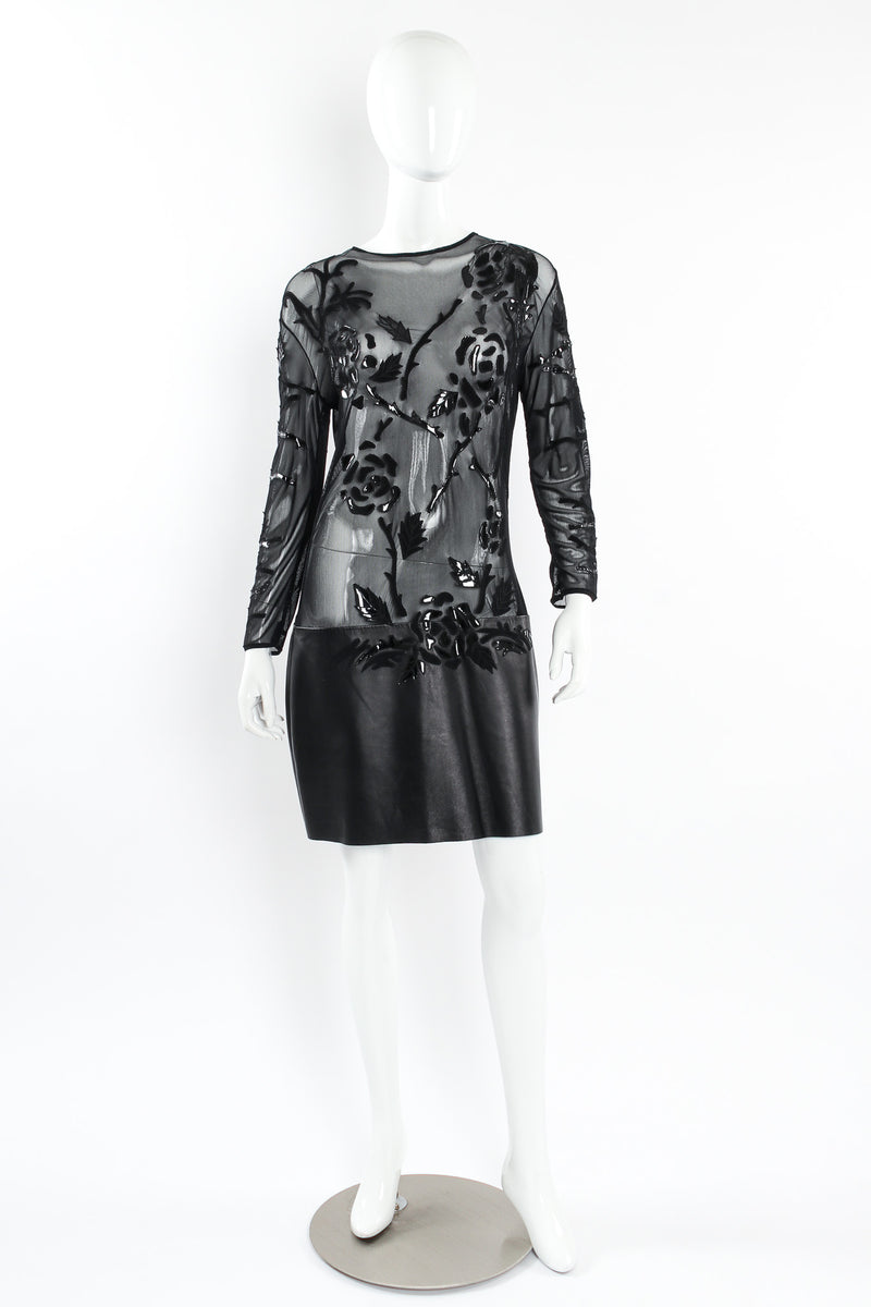 Vintage Jean Claude Jitrois Rose Appliqué Leather Sheer Dress mannequin front @ Recess LA