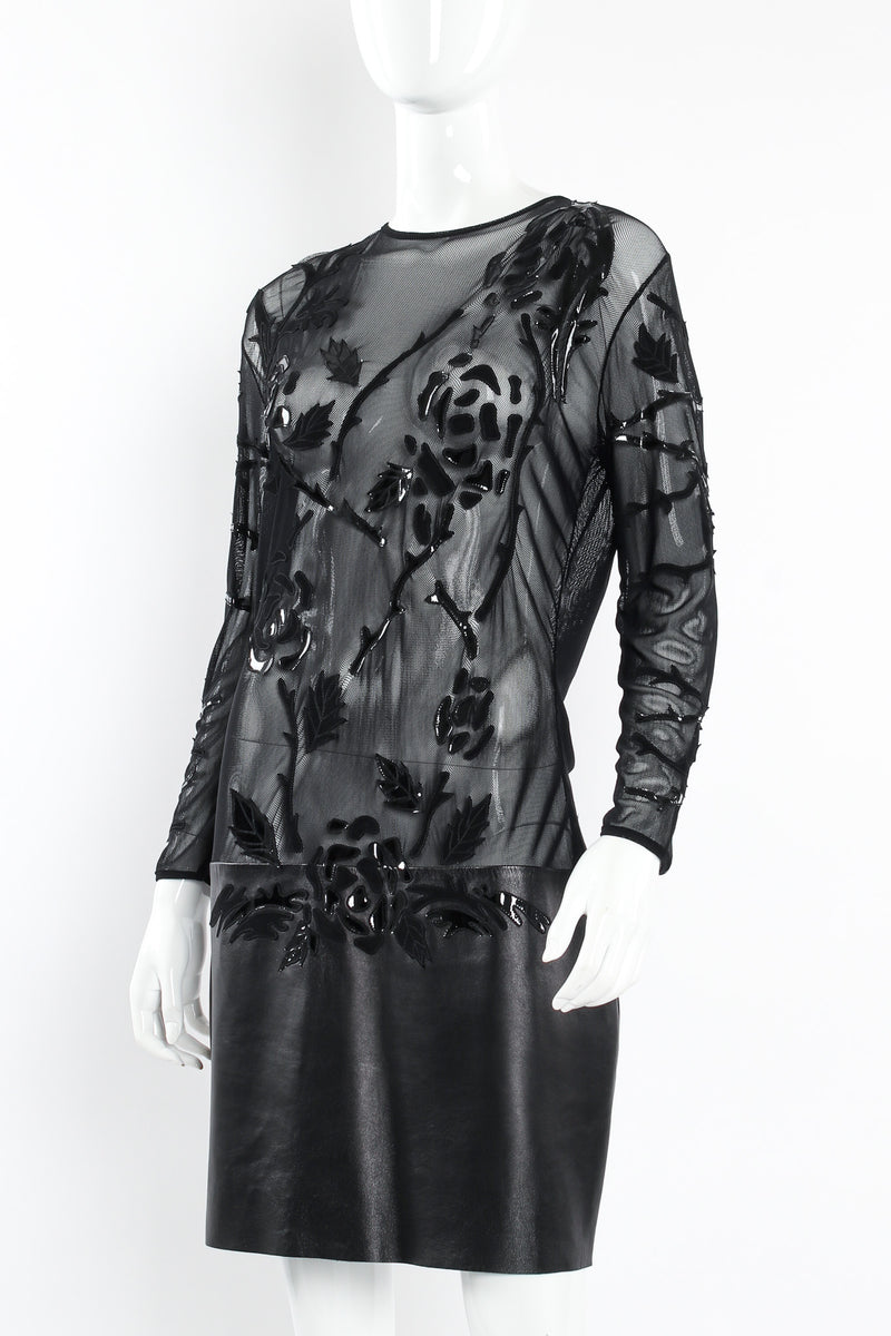 Vintage Jean Claude Jitrois Rose Appliqué Leather Sheer Dress mannequin close angle @ Recess LA