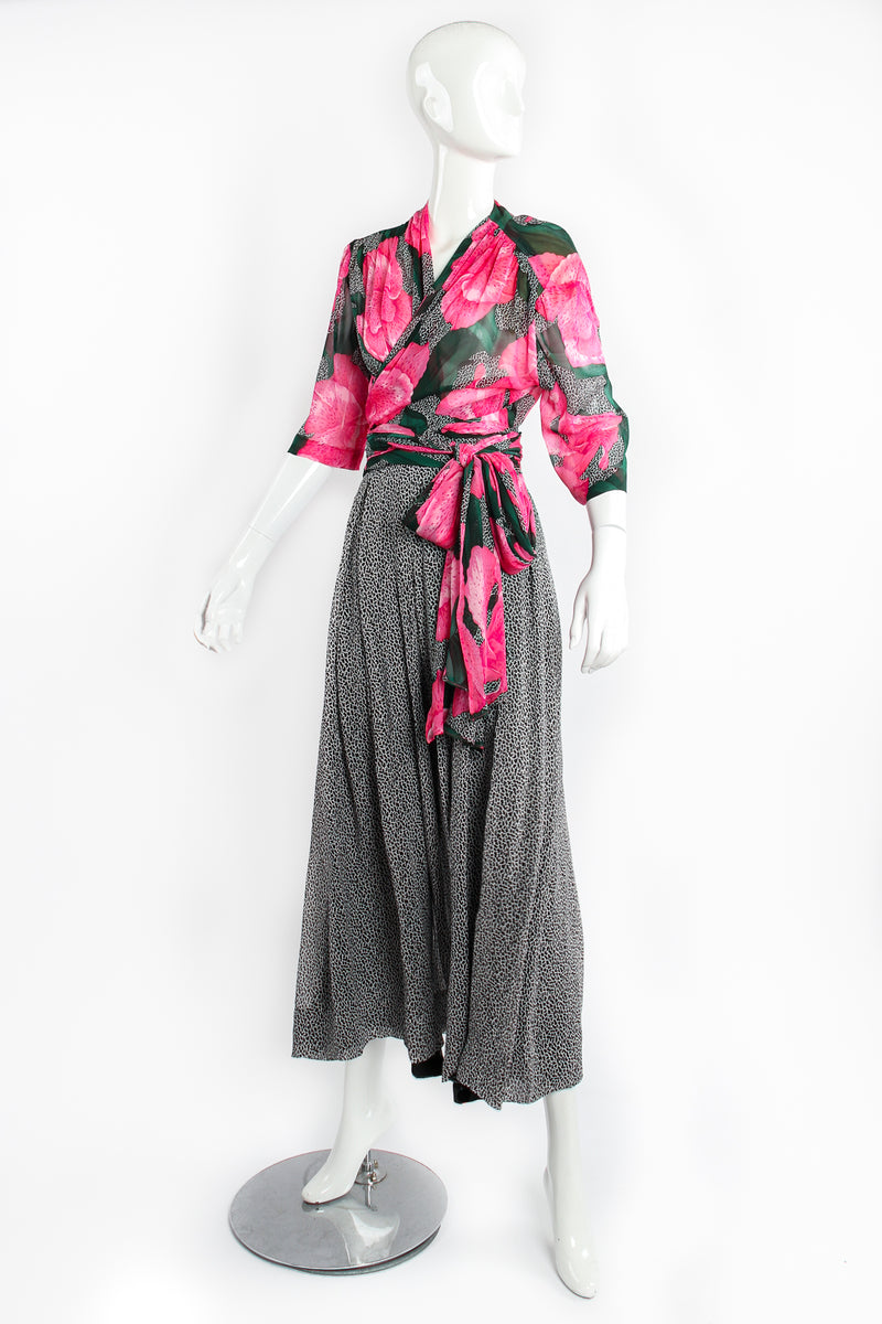 Vintage Jean Louis Scherrrer Sheer Floral Wrap Top & Palazzo Pant Set on Mannequin angle at Recess