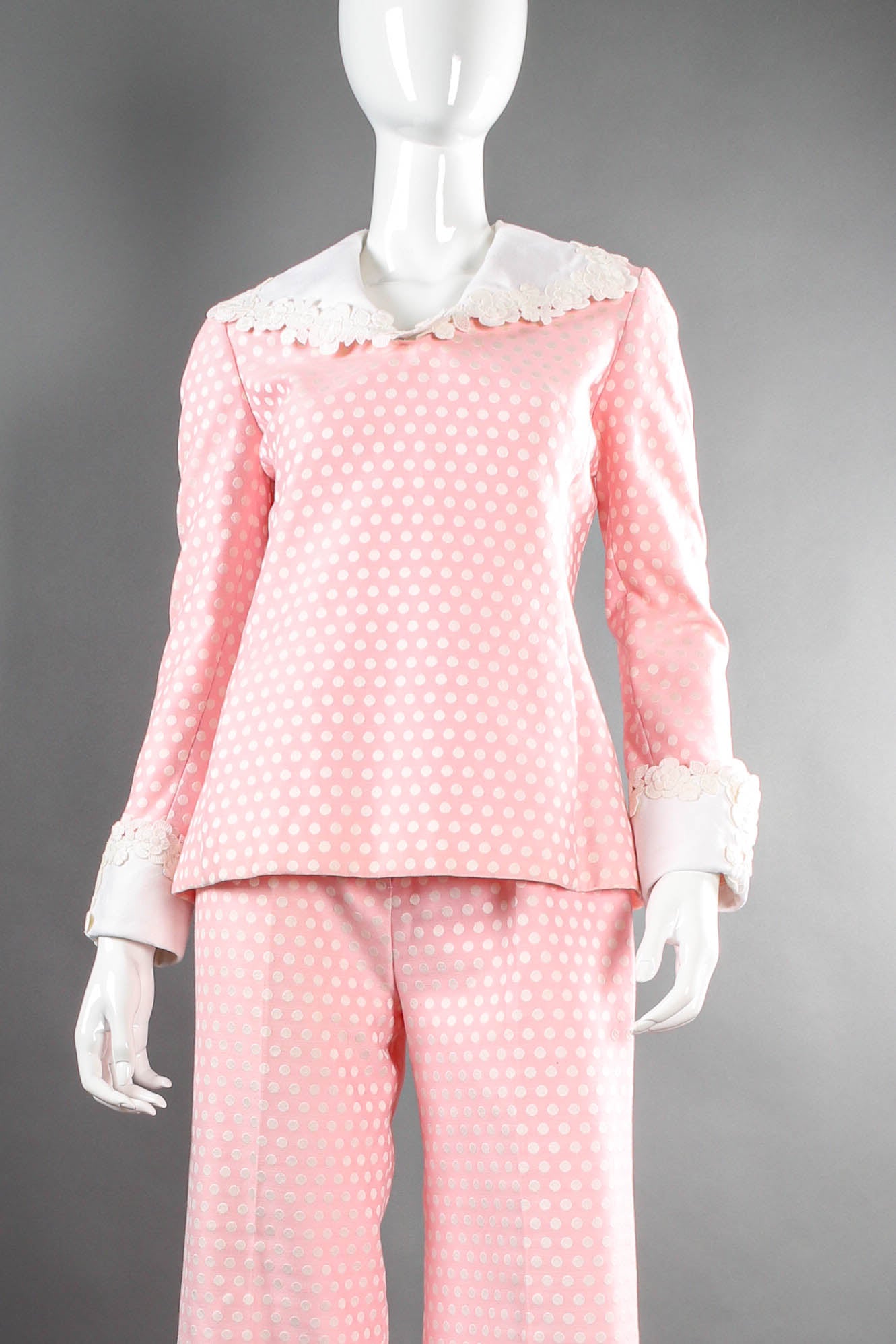 Vintage Jean Louis pink polka dot top pants set on mannequin front cropped at Recess Los Angeles
