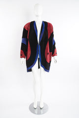 Vintage Jean Muir Suede Colorblock Swirl Cocoon Coat on Mannequin front at Recess Los Angeles