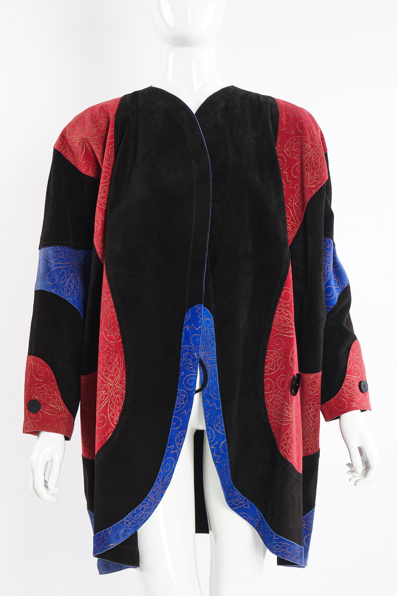 Vintage Jean Muir Suede Colorblock Swirl Cocoon Coat on Mannequin front at Recess Los Angeles