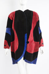 Vintage Jean Muir Suede Colorblock Swirl Cocoon Coat on Mannequin front at Recess Los Angeles
