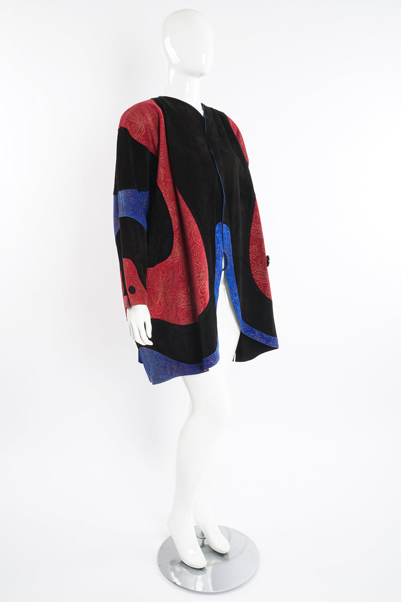 Vintage Jean Muir Suede Colorblock Swirl Cocoon Coat on Mannequin angle at Recess Los Angeles