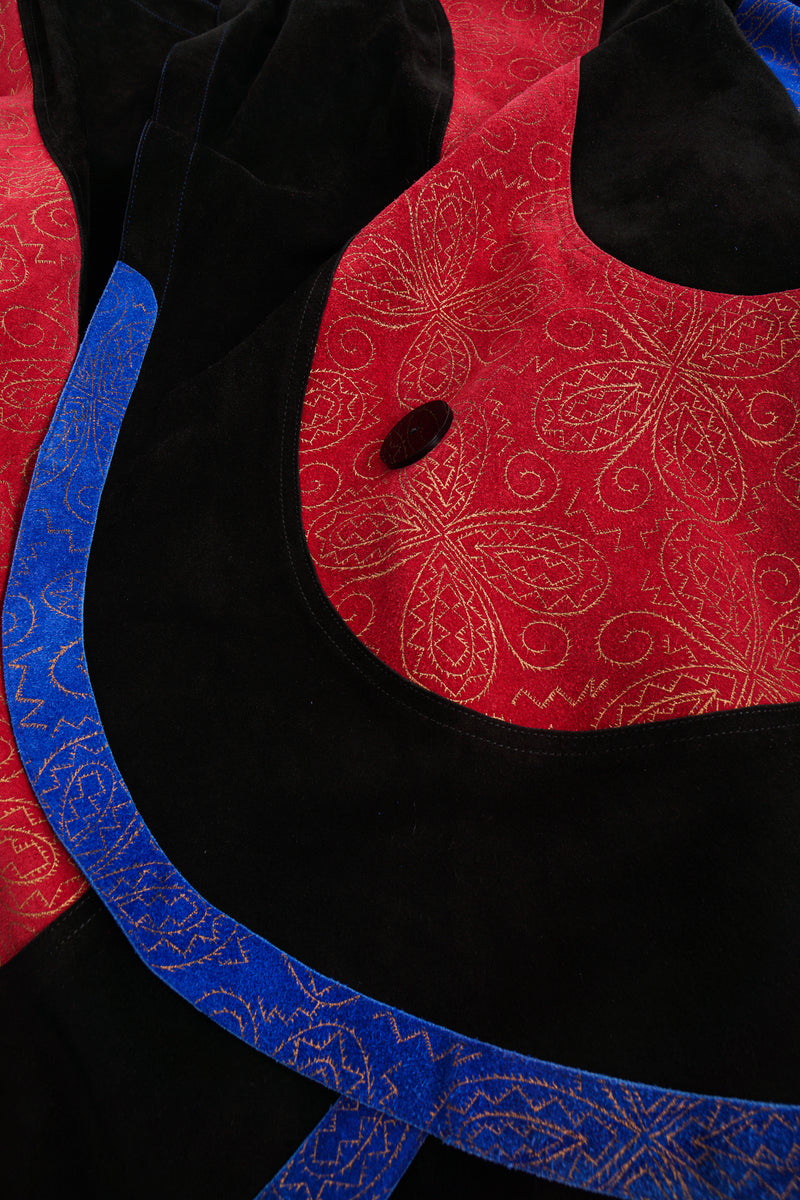 Vintage Jean Muir Suede Colorblock Swirl Cocoon Coat fabric detail at Recess Los Angeles