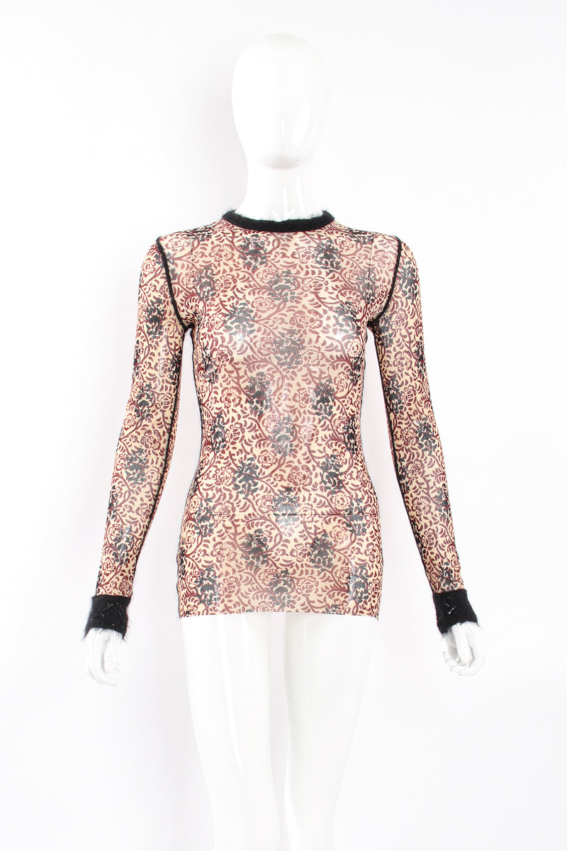 Vintage Jean Paul Gaultier Floral Block Print Mesh Mohair T-Shirt on Mannequin front at Recess LA