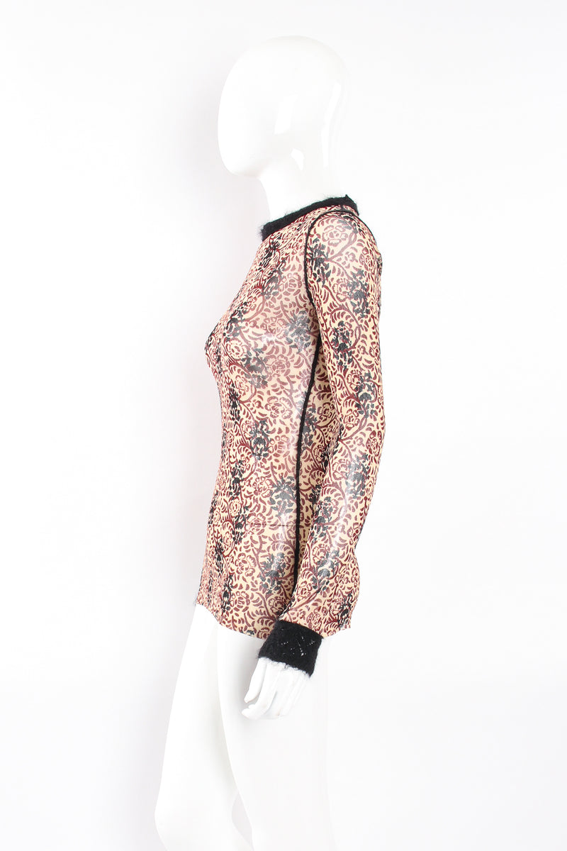 Vintage Jean Paul Gaultier Floral Block Print Mesh Mohair T-Shirt on Mannequin side at Recess LA