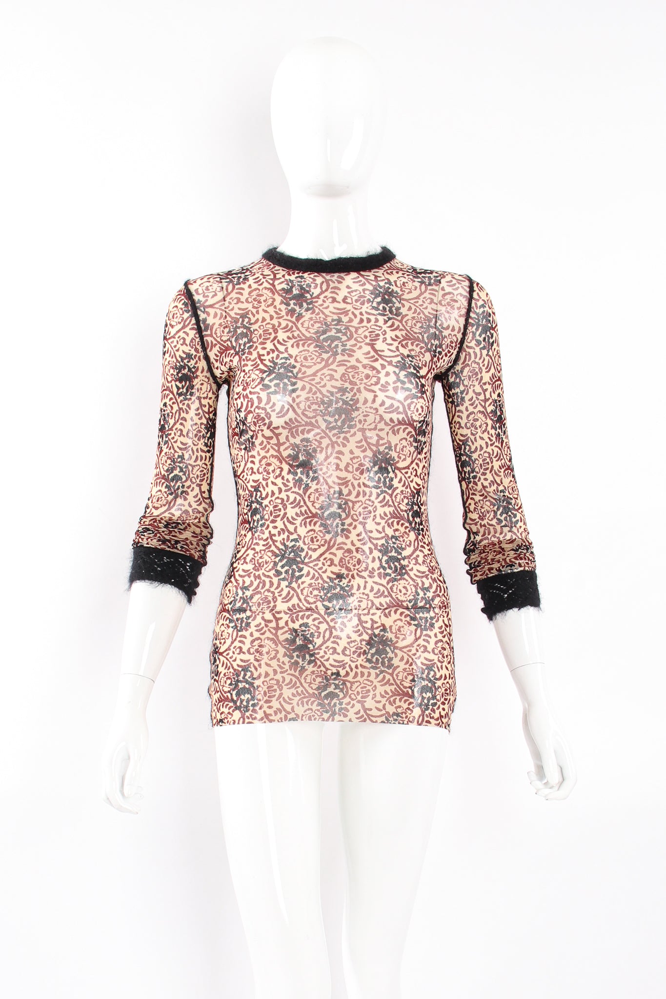 Vintage Jean Paul Gaultier Floral Black Print Mesh Mohair T-Shirt on Mannequin front at Recess LA