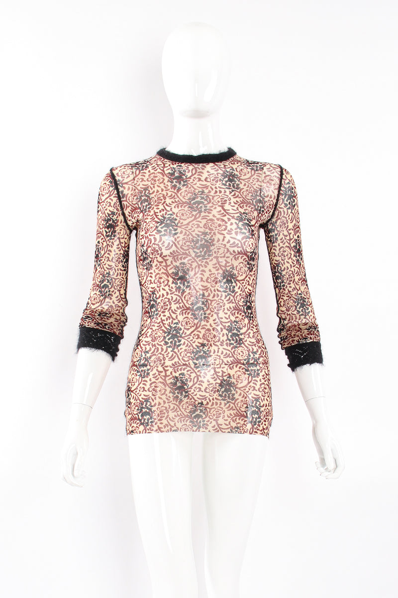 Vintage Jean Paul Gaultier Floral Black Print Mesh Mohair T-Shirt on Mannequin front at Recess LA