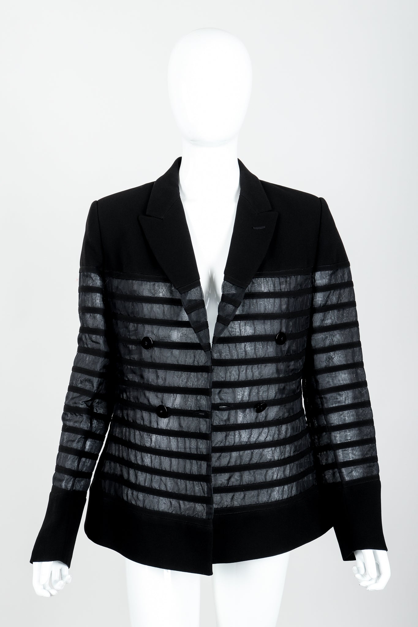 Vintage Jean Paul Gaultier Sheer Striped Jacket on Mannequin front open at Recess Los Angeles