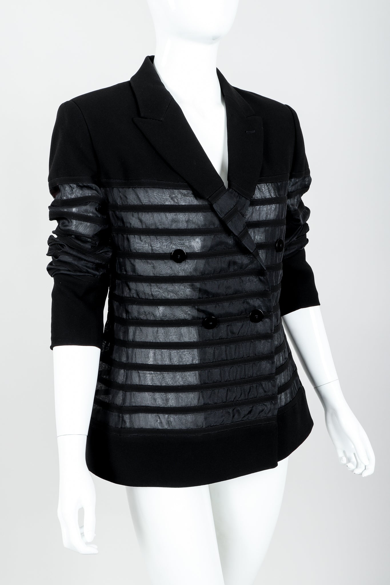 Vintage Jean Paul Gaultier Sheer Striped Jacket on Mannequin angle crop at Recess Los Angeles