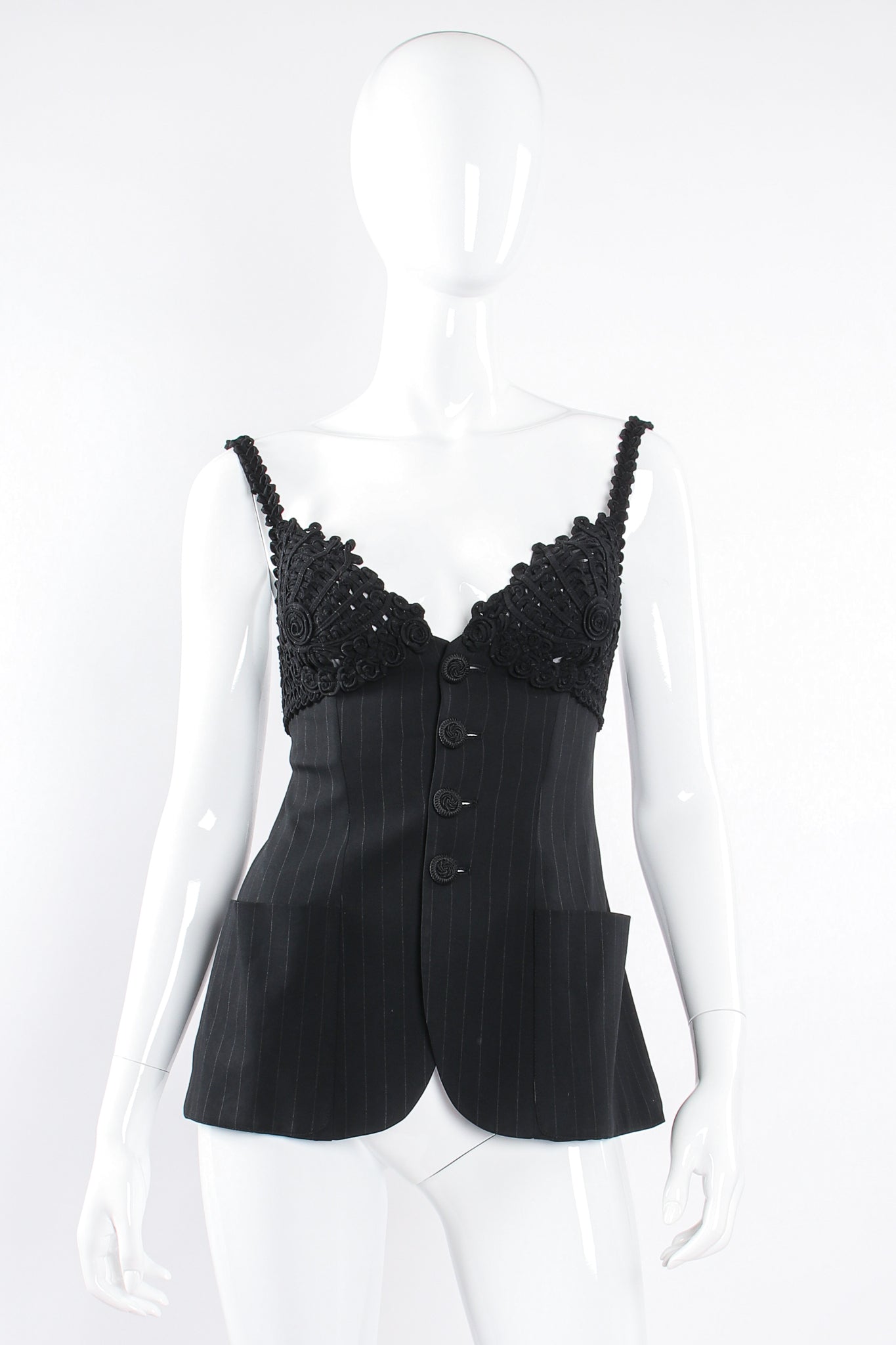 Vintage Jean Paul Gaultier Pinstripe Bustier Bra Jacket on Mannequin front at Recess Los Angeles