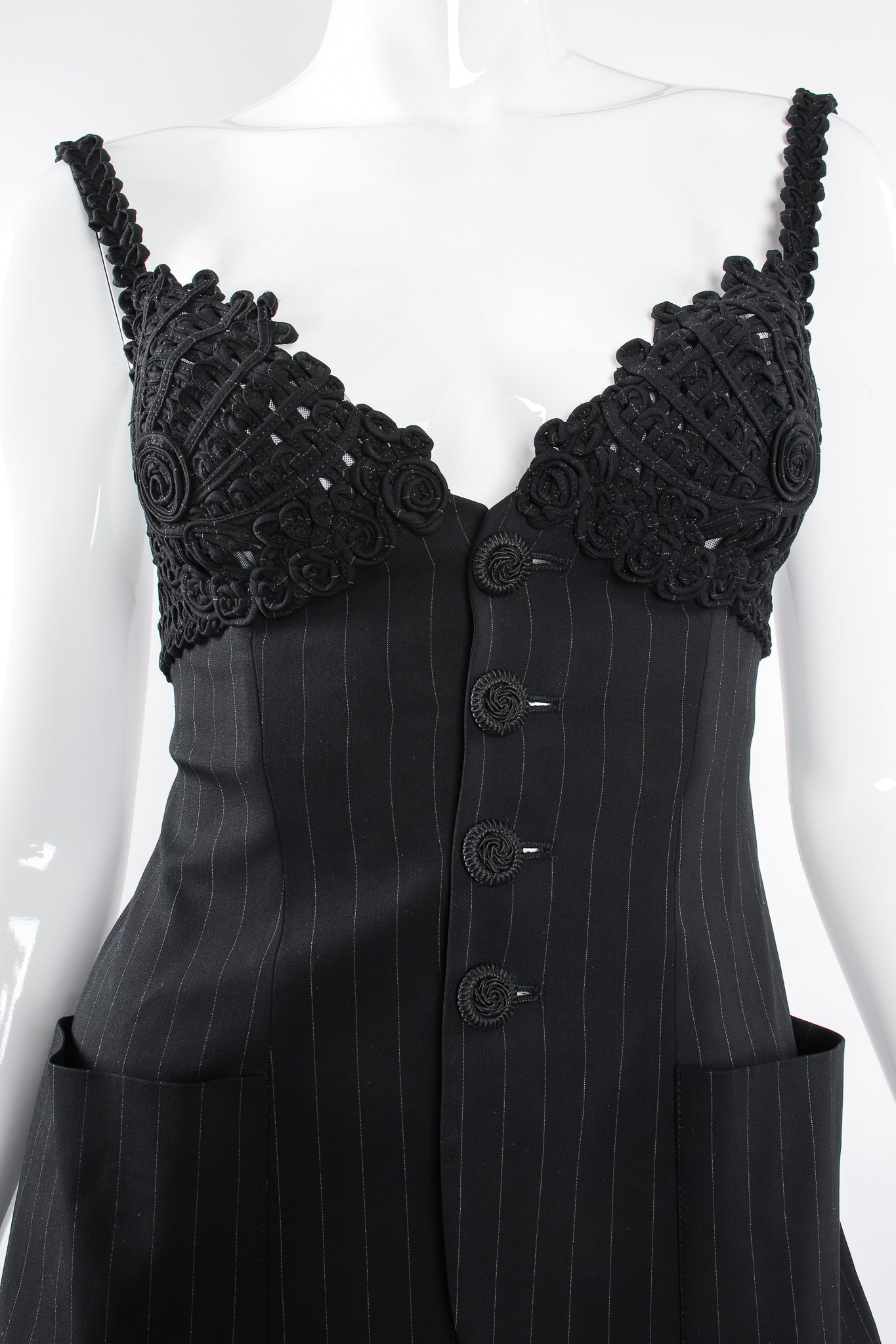 Vintage Jean Paul Gaultier Pinstripe Bustier Bra Jacket on Mannequin crop at Recess Los Angeles