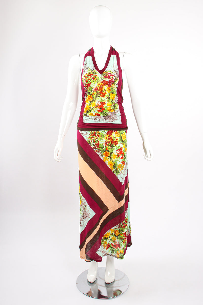 Vintage Jean Paul Gaultier Floral Stripe Jersey Halter & Skirt Set On Mannequin front at Recess LA