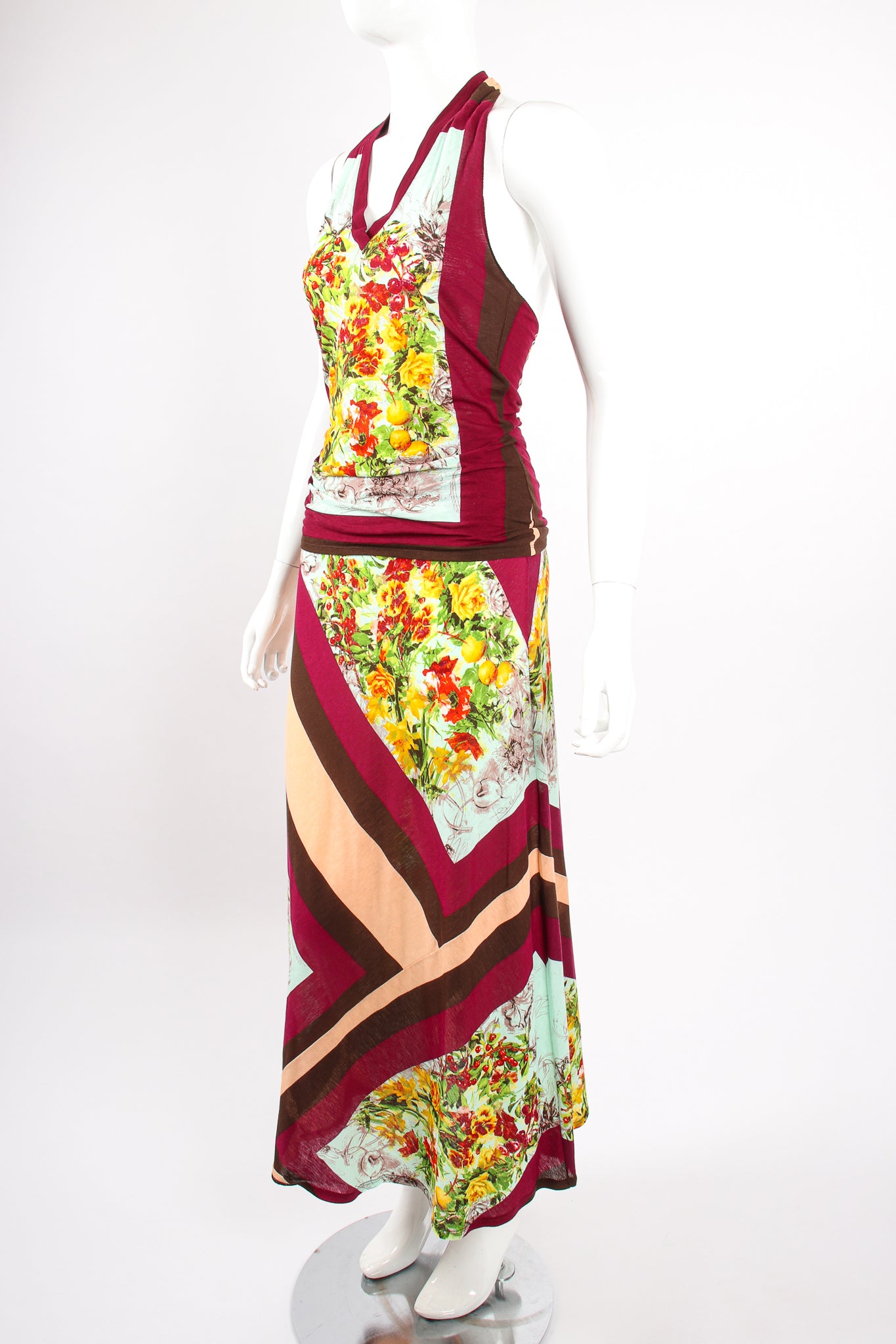 Vintage Jean Paul Gaultier Floral Stripe Jersey Halter & Skirt Set On Mannequin angle at Recess LA