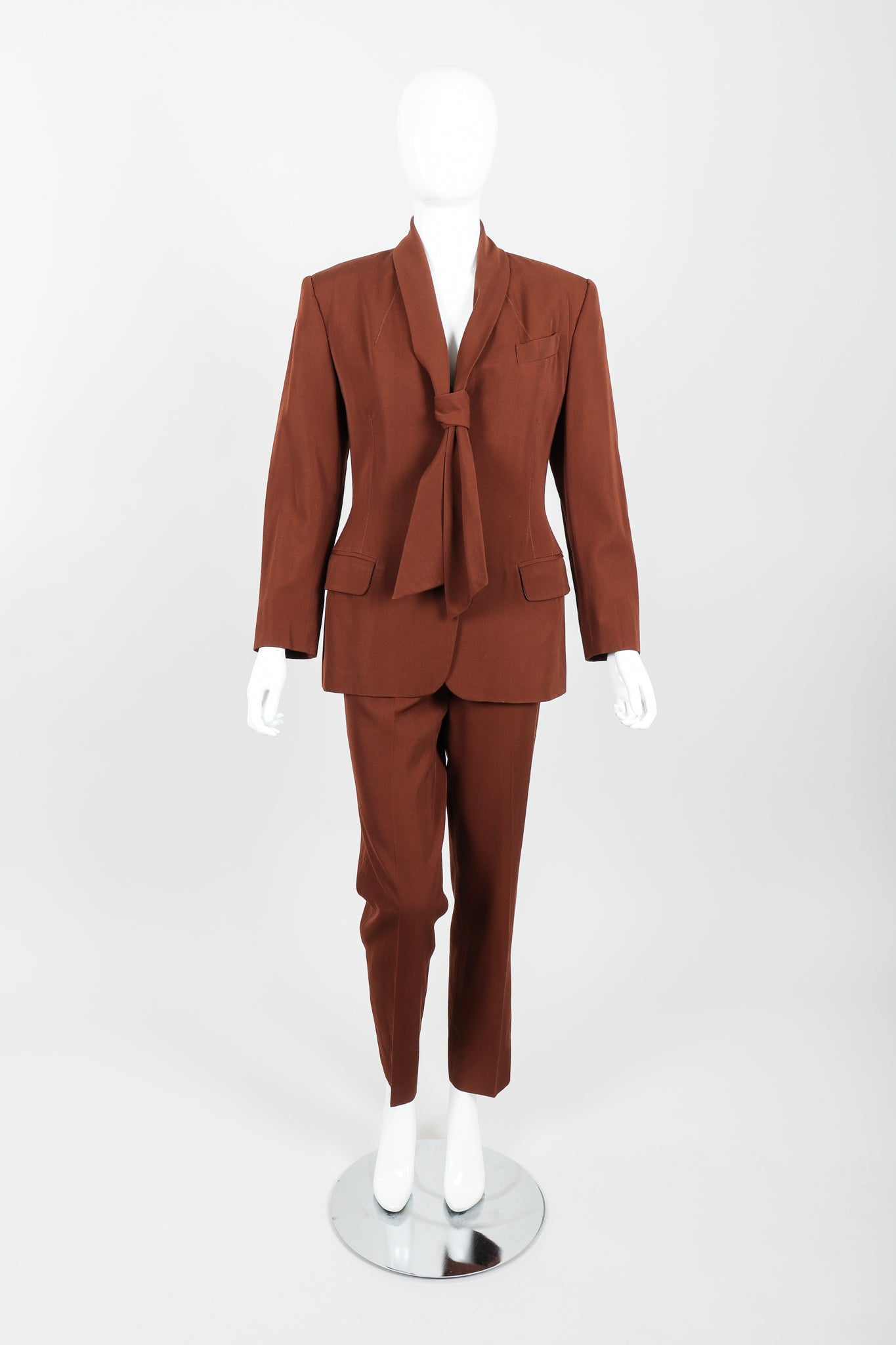 Vintage Jean Paul Gaultier Scarf Tie Jacket & Pant Suit on mannequin front at Recess Los Angeles