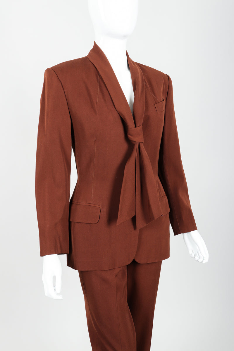 Vintage Jean Paul Gaultier Scarf Tie Jacket & Pant Suit on mannequin angle crop at Recess Los Angeles