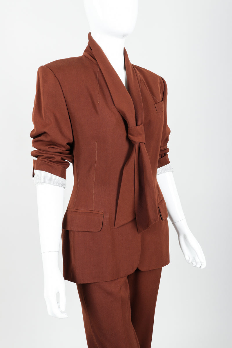 Vintage Jean Paul Gaultier Scarf Tie Jacket & Pant Suit on mannequin rolled at Recess Los Angeles