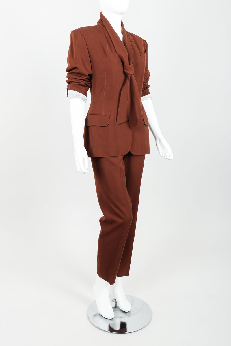 Vintage Jean Paul Gaultier Scarf Tie Jacket & Pant Suit on mannequin angled at Recess Los Angeles