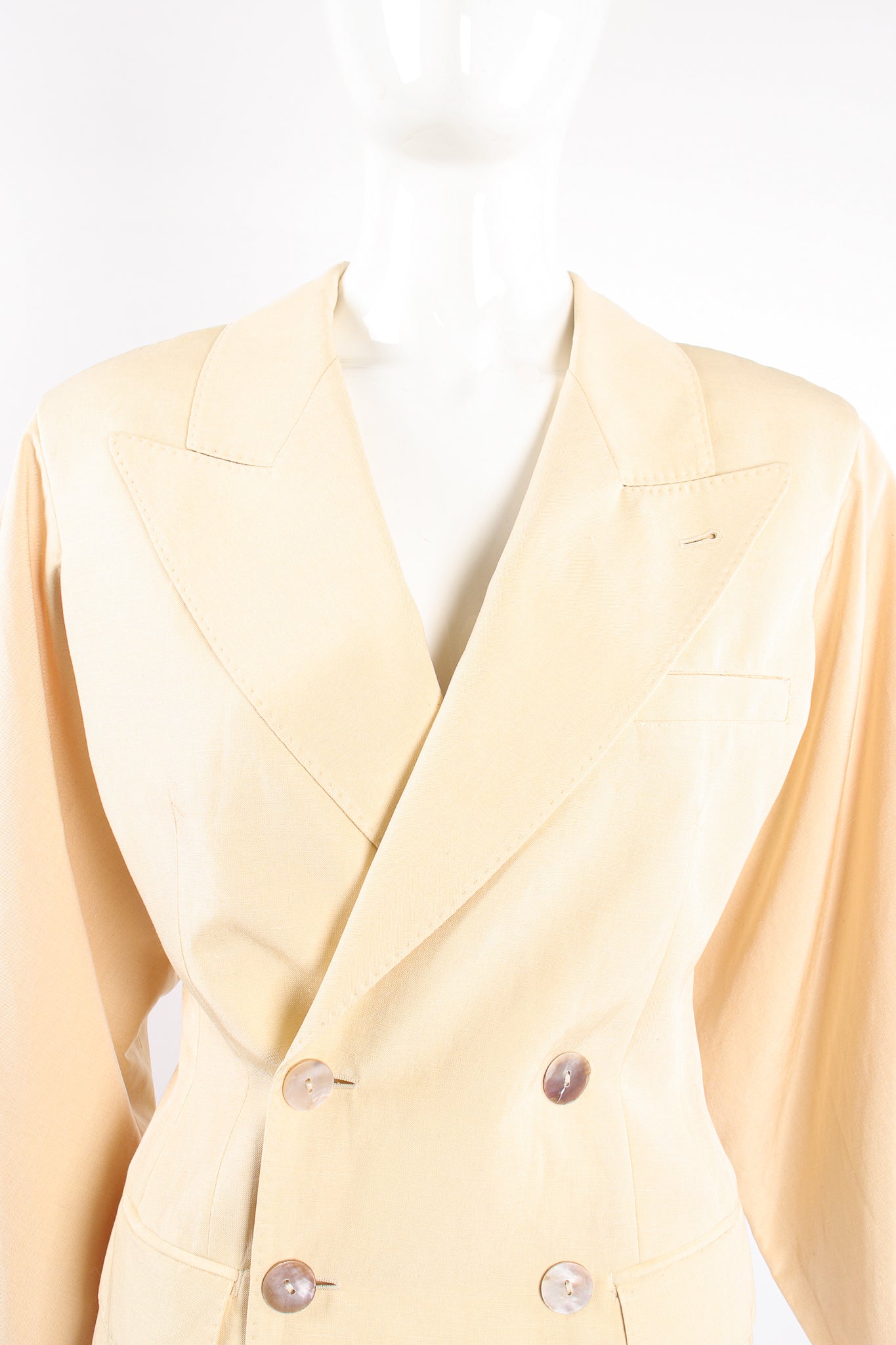 Vintage Jean Paul Gaultier Double Breasted Kimono Sleeve Jacket on Mannequin lapel @ Recess LA