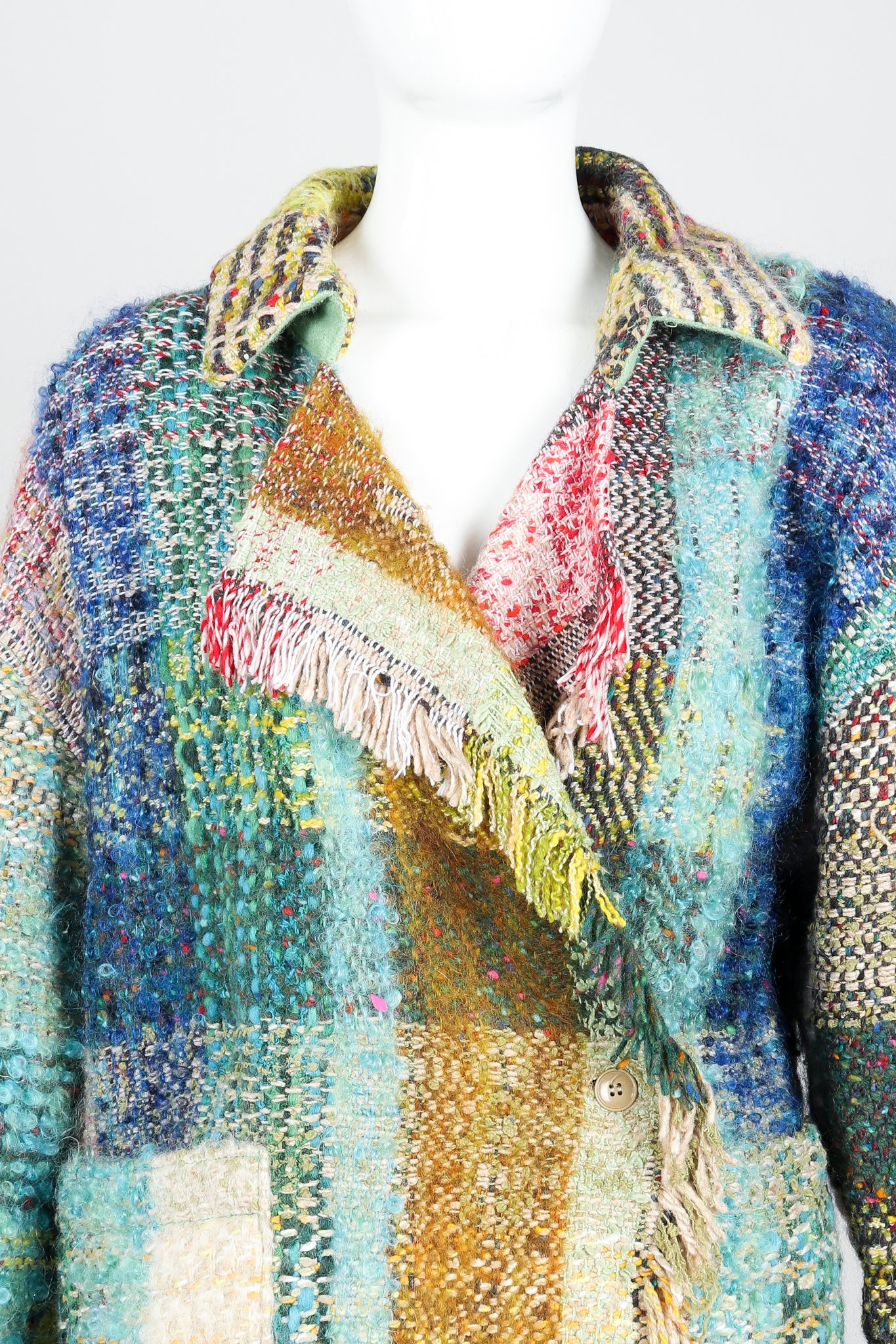 Vintage Jean Charles de Castelbajac Rainbow Tweed Blanket Jacket on Mannequin Collar Detail
