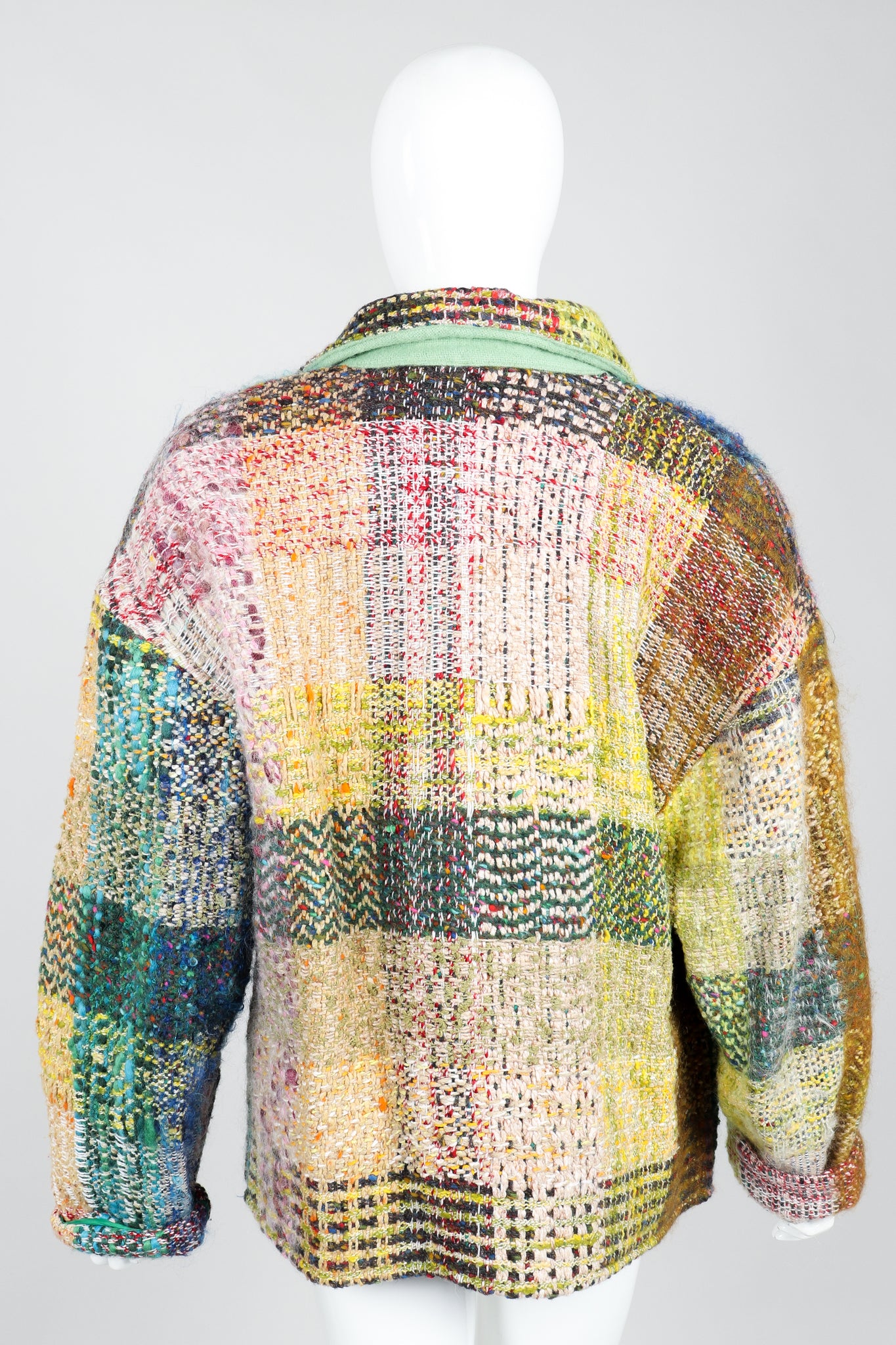 Vintage Jean Charles de Castelbajac Rainbow Tweed Blanket Jacket on Mannequin Back