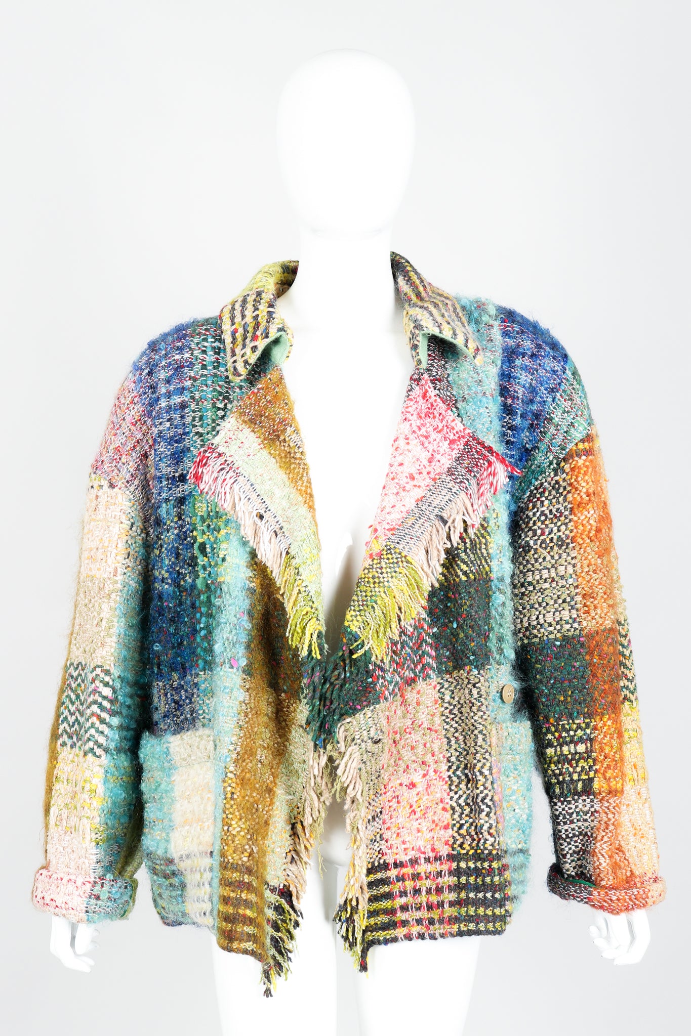 Vintage Jean Charles de Castelbajac Rainbow Tweed Blanket Jacket on Mannequin Open
