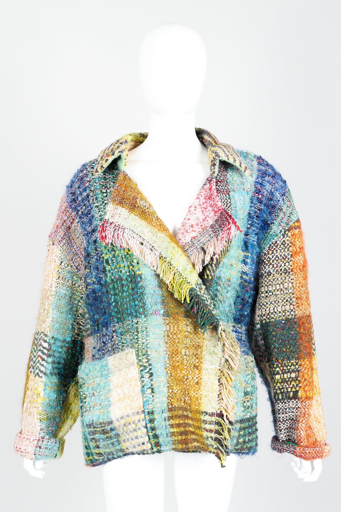 Vintage Jean Charles de Castelbajac Rainbow Tweed Blanket Jacket on Mannequin Front