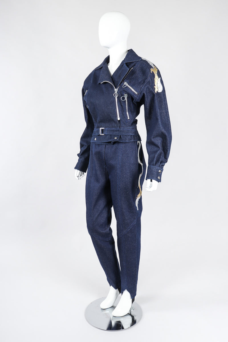 Vintage Jean Claude Jitrois Denim Appliqué Moto Flight Suit Top