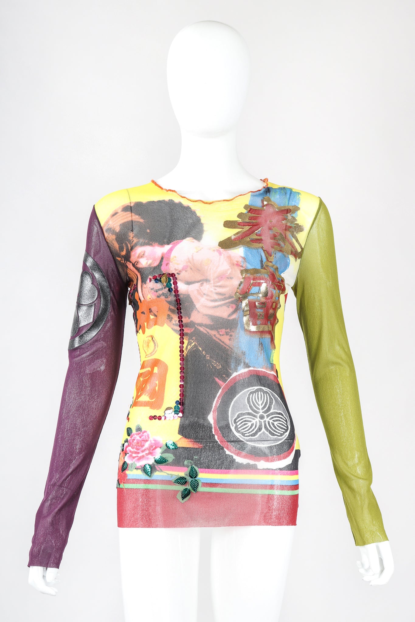 Recess Designer Consignment Vintage Jean Paul Gaultier Sequined Mesh Japanese Crest Kamon Geisha T-Shirt