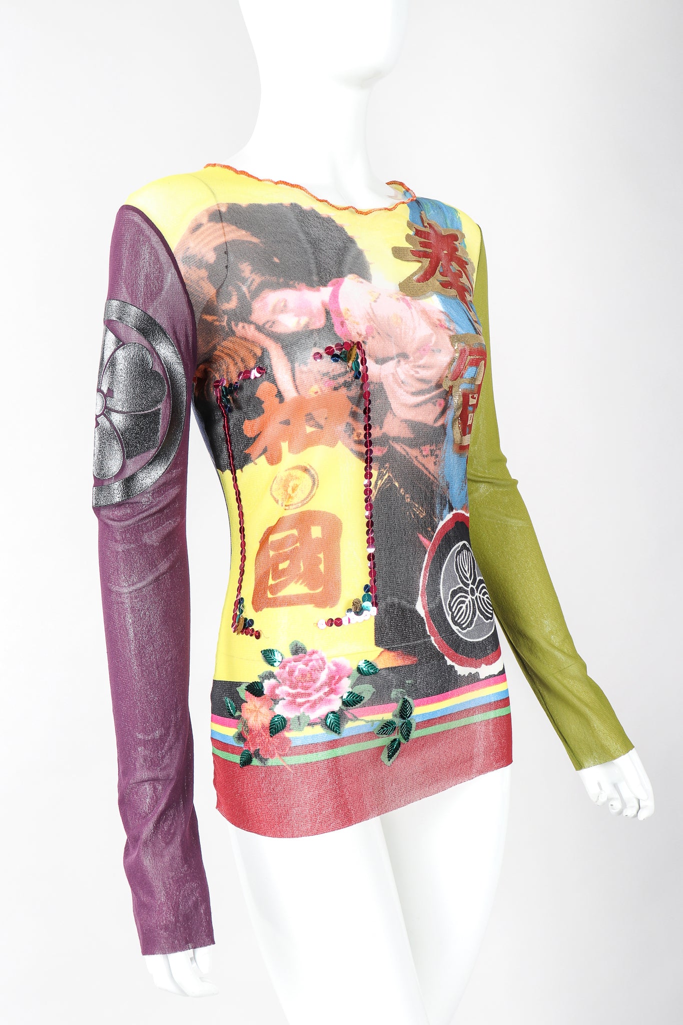 Recess Designer Consignment Vintage Jean Paul Gaultier Sequined Mesh Japanese Crest Kamon Geisha T-Shirt