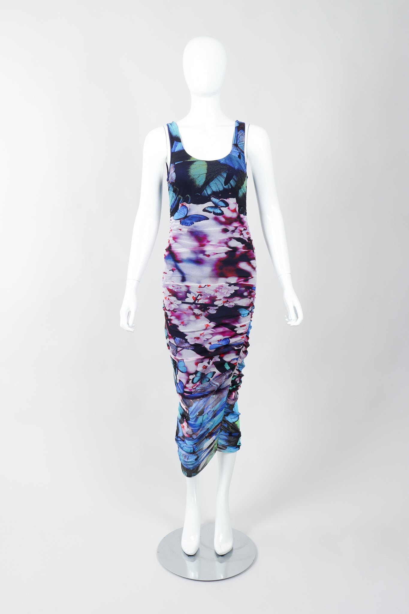 Vintage Jean Paul Gaultier Soleil Ruched Mesh Butterfly Dress on Mannequin Front at Recess