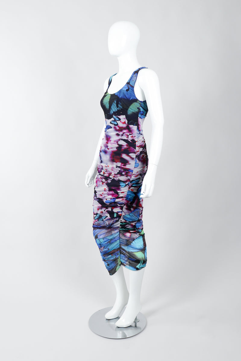 Vintage Jean Paul Gaultier Soleil Ruched Mesh Butterfly Dress on Mannequin Angled at Recess