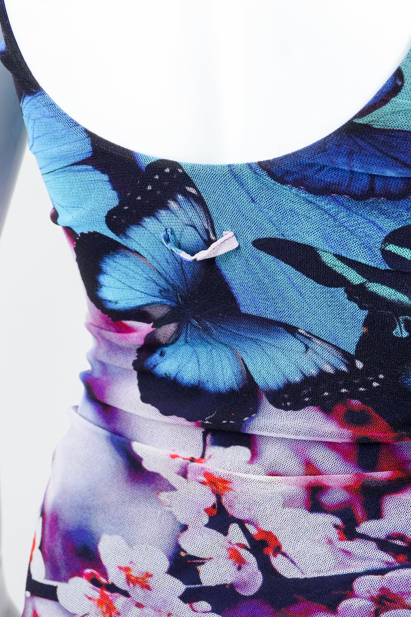 Vintage Jean Paul Gaultier Soleil Ruched Mesh Butterfly Dress on Mannequin Back Loop at Recess