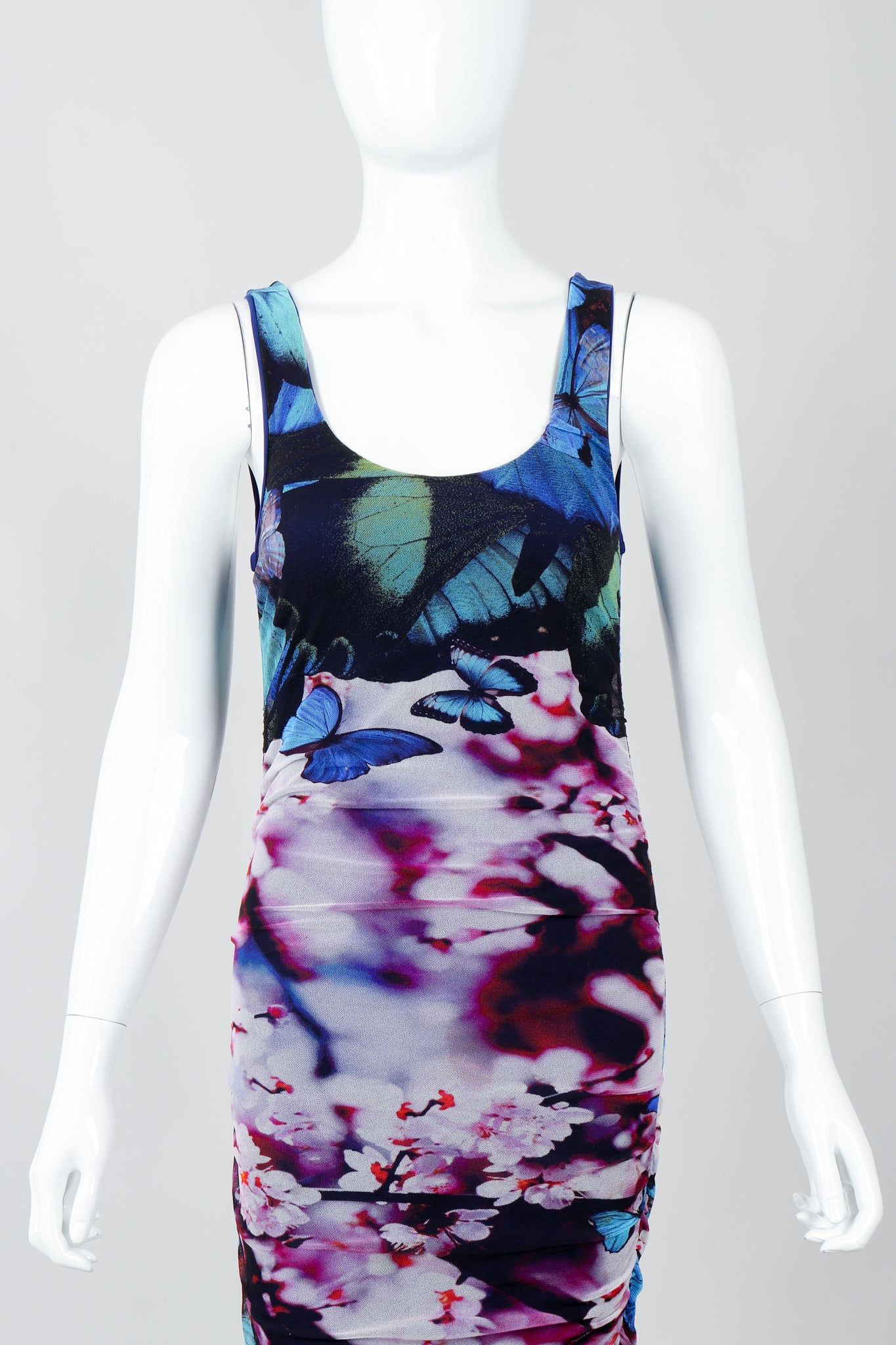 Vintage Jean Paul Gaultier Soleil Ruched Mesh Butterfly Dress on Mannequin Front Crop at Recess