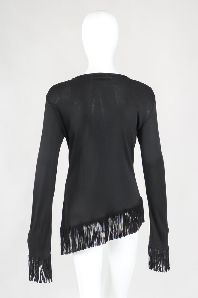 Recess Designer Consignment Vintage Jean Paul Gaultier Femme Mesh Jersey Asymmetrical Suede Fringe Top Outfit Los Angeles Resale