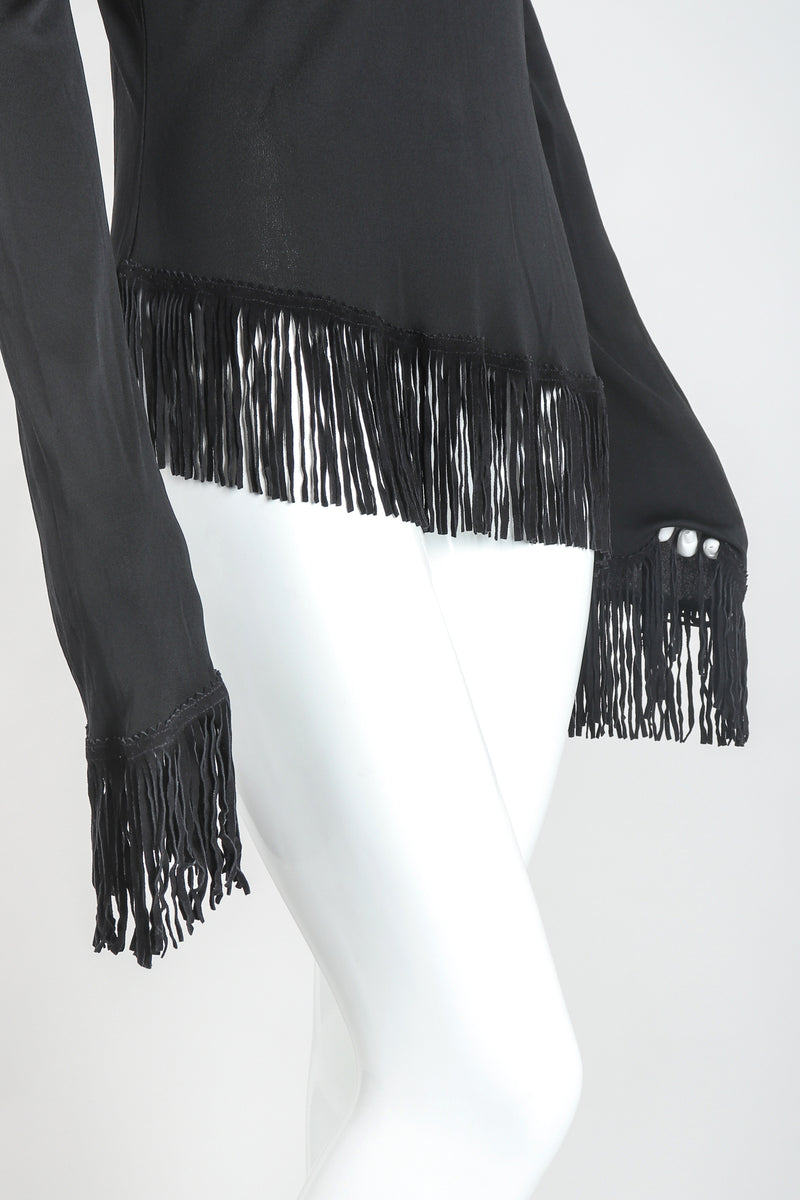 Recess Designer Consignment Vintage Jean Paul Gaultier Femme Mesh Jersey Asymmetrical Suede Fringe Top Outfit Los Angeles Resale