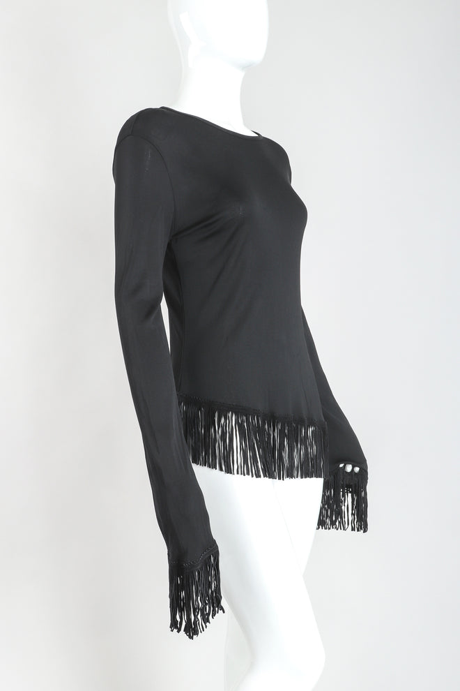 Recess Designer Consignment Vintage Jean Paul Gaultier Femme Mesh Jersey Asymmetrical Suede Fringe Top Outfit Los Angeles Resale