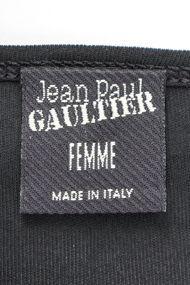 Recess Designer Consignment Vintage Jean Paul Gaultier Femme Mesh Jersey Asymmetrical Suede Fringe Top Outfit Los Angeles Resale