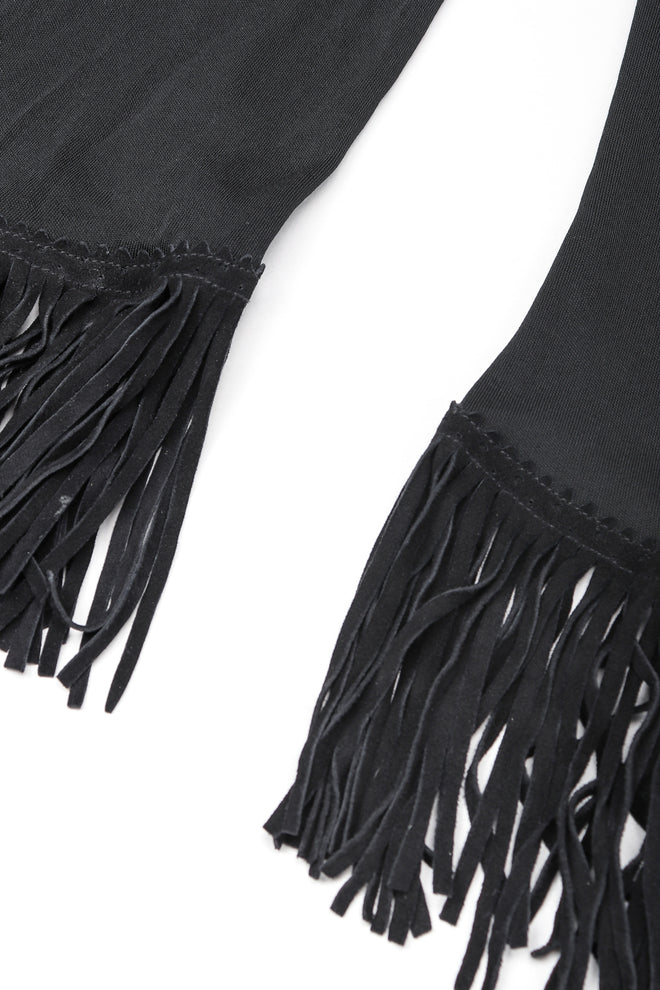 Recess Designer Consignment Vintage Jean Paul Gaultier Femme Mesh Jersey Asymmetrical Suede Fringe Top Outfit Los Angeles Resale
