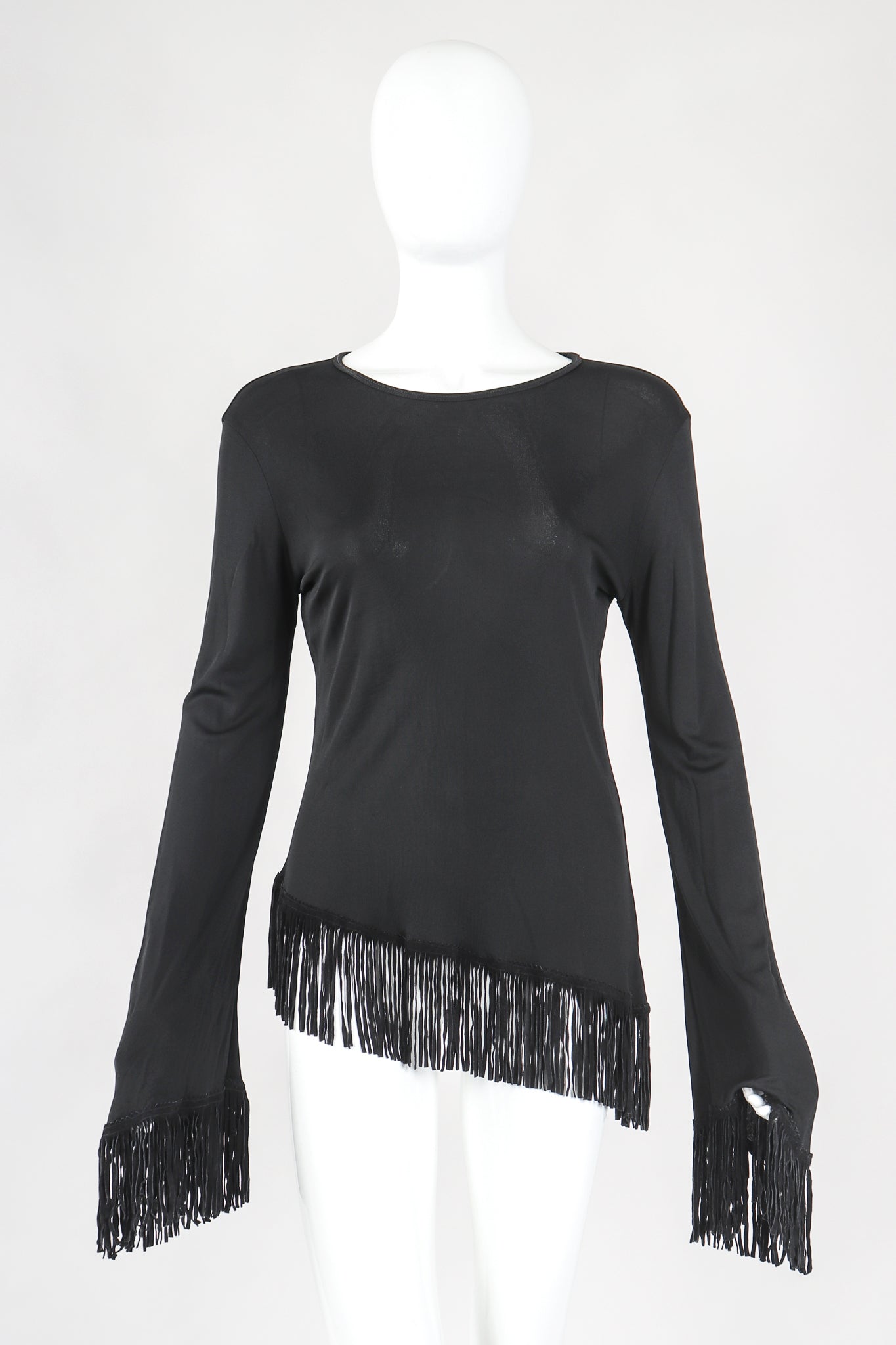 Recess Designer Consignment Vintage Jean Paul Gaultier Femme Mesh Jersey Asymmetrical Suede Fringe Top Outfit Los Angeles Resale