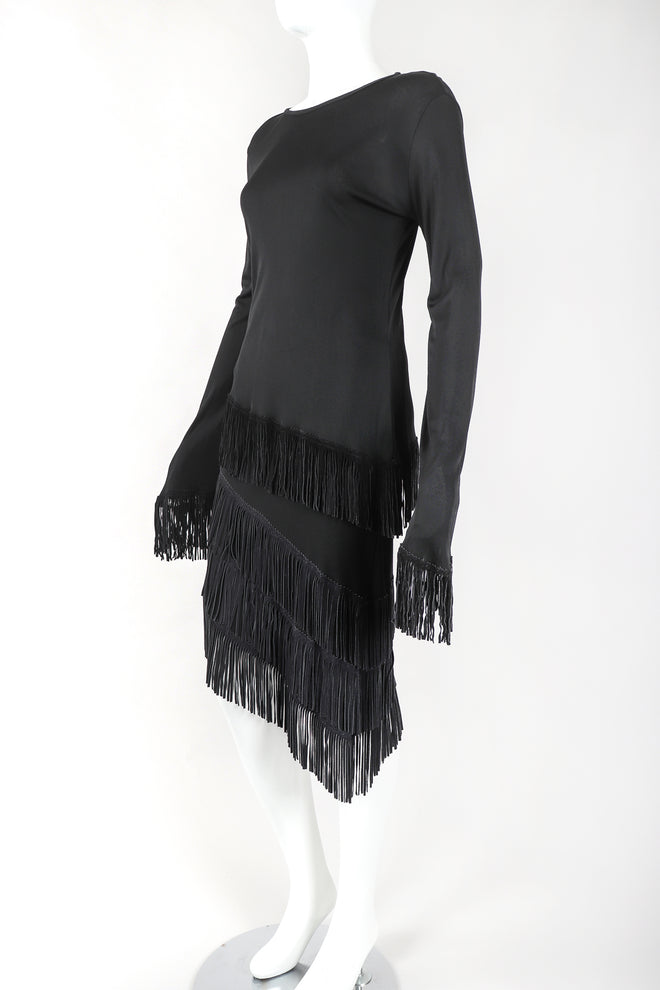 Recess Designer Consignment Vintage Jean Paul Gaultier Femme Mesh Jersey Asymmetrical Suede Fringe Top Outfit Los Angeles Resale