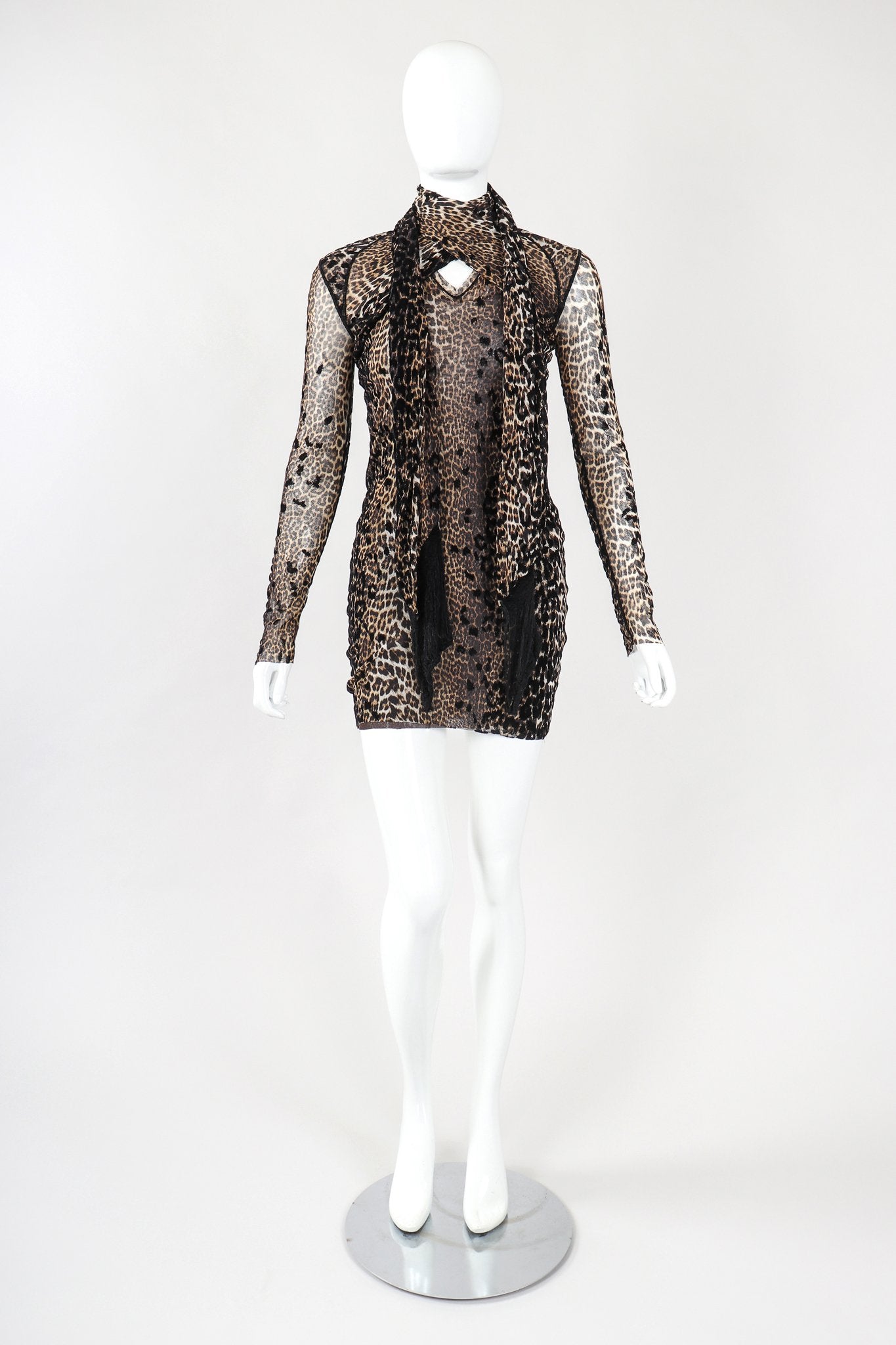 Recess Designer Consignment Vintage Jean Paul Gaultier Soleil Sheer Mesh Velvet Flocked Leopard Scarf Dress Los Angeles Resale