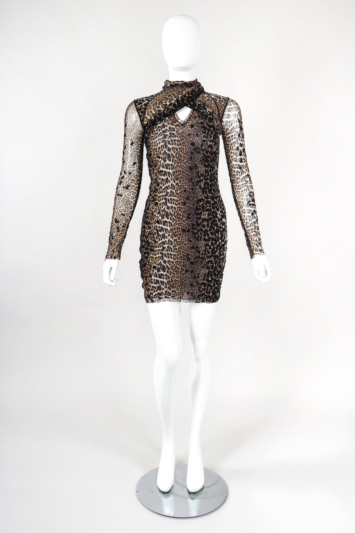 jean paul gaultier leopard print silk chiffon maxi dress Leopard Print Long Sleeve Mesh Dress (Women)