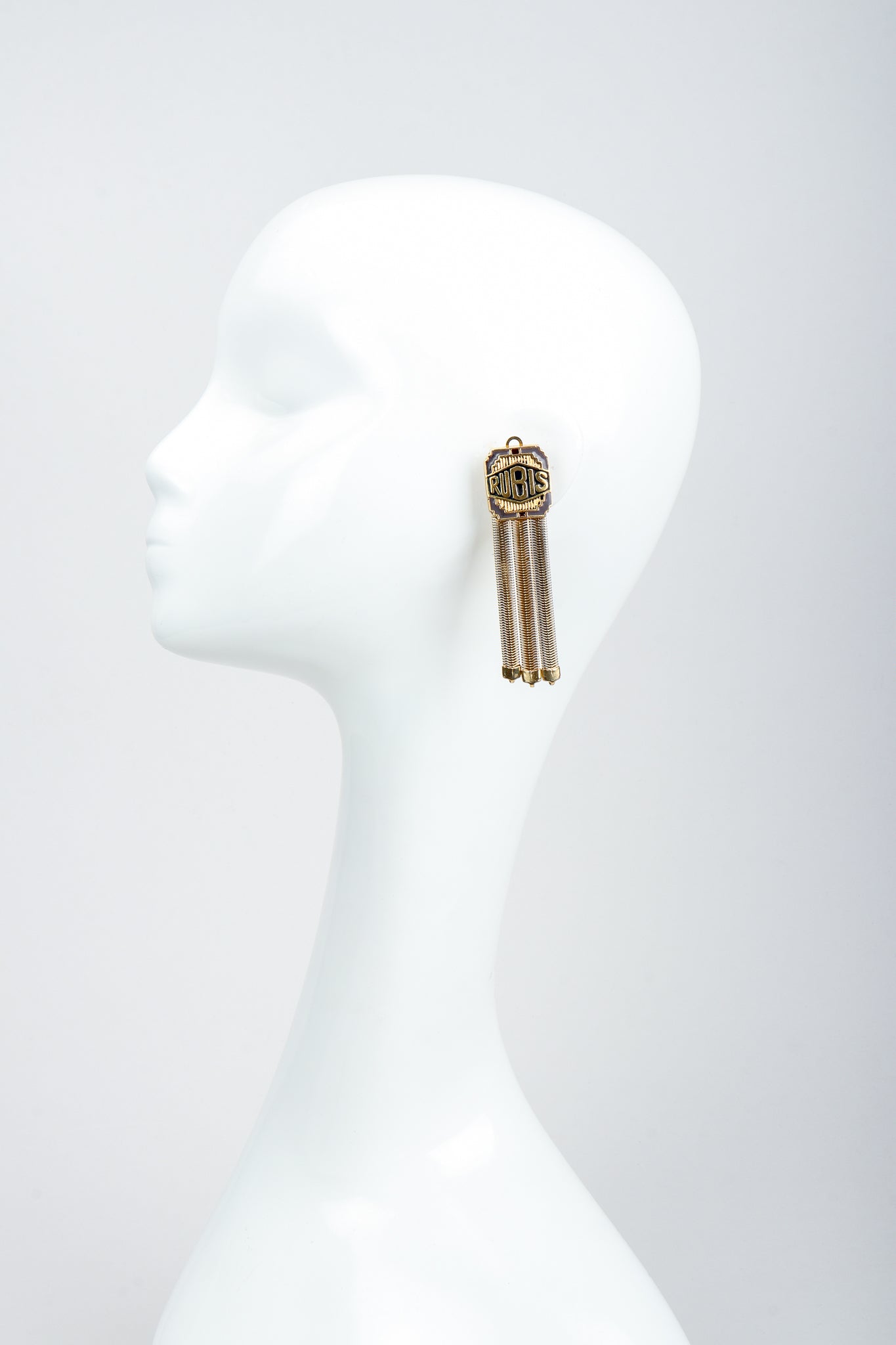 Vintage Jean Paul Gaultier Enamel Rubis Art Deco Clip Earring on Mannequin