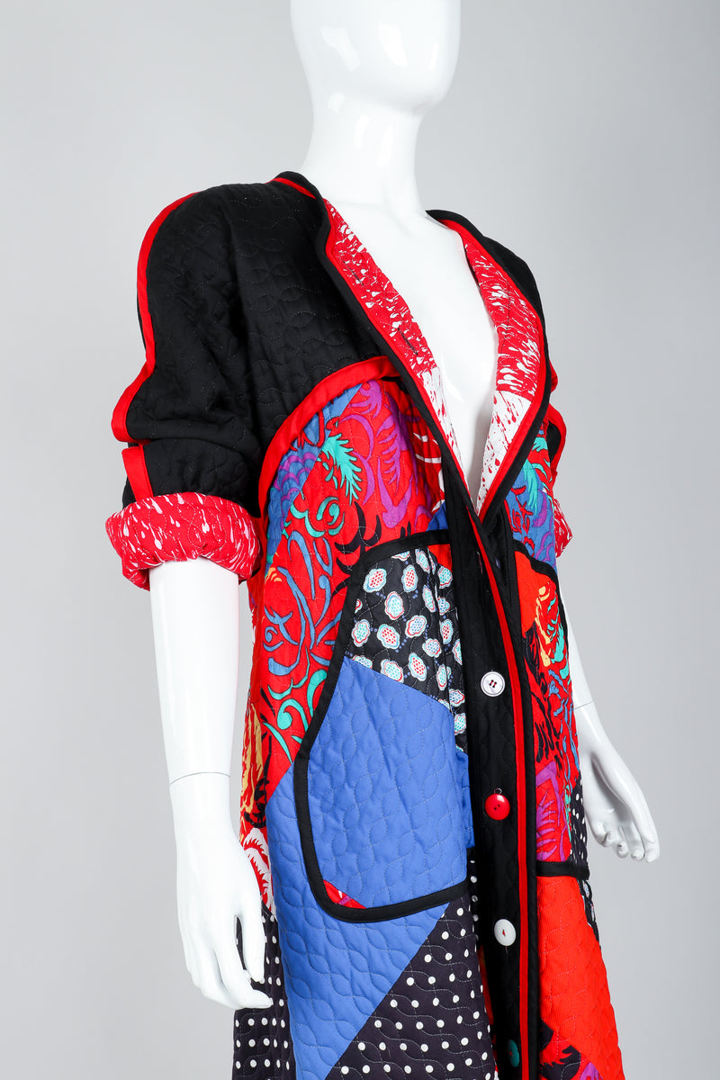 Recess Vintage Jeanne Marc Multicolor Quilted Patchwork Duster Coat on Mannequin, sleeves rolled