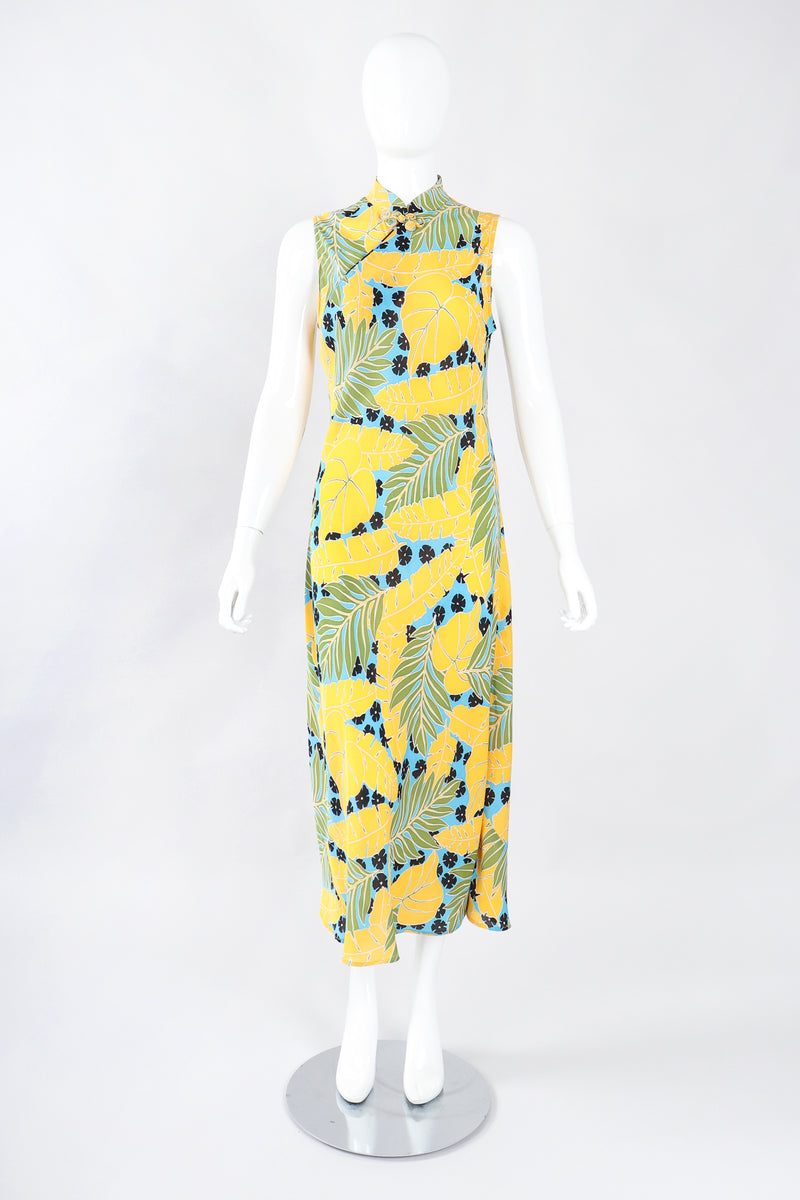 Recess Los Angeles Designer Consignment Resale Recycle Vintage Jeannene Booher Tropical Palm Print Cheongsam Sheath Dress